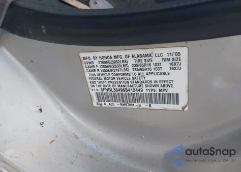 2006 Honda Odyssey Ex из США, поврежденный, VIN 5FNRL38496B412449